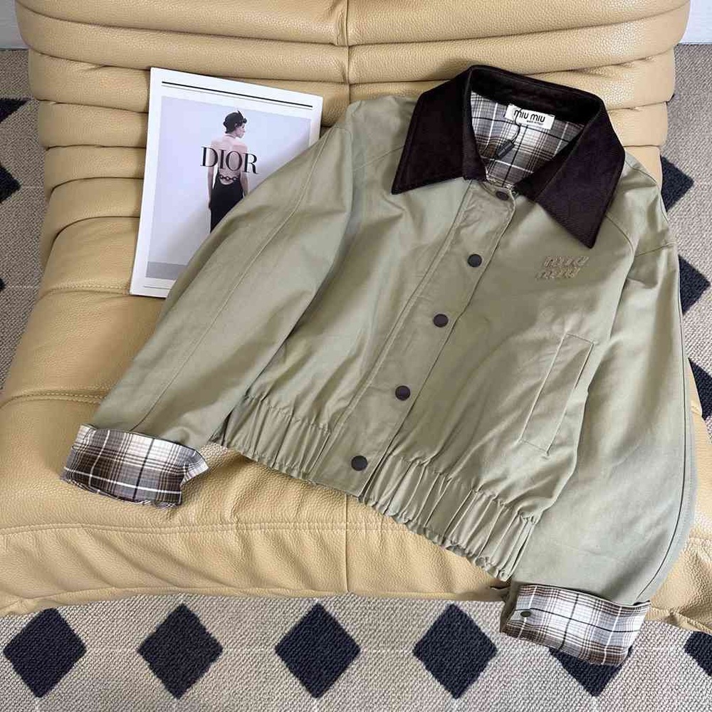 Miu Miu Olive Jacket with Plaid Details